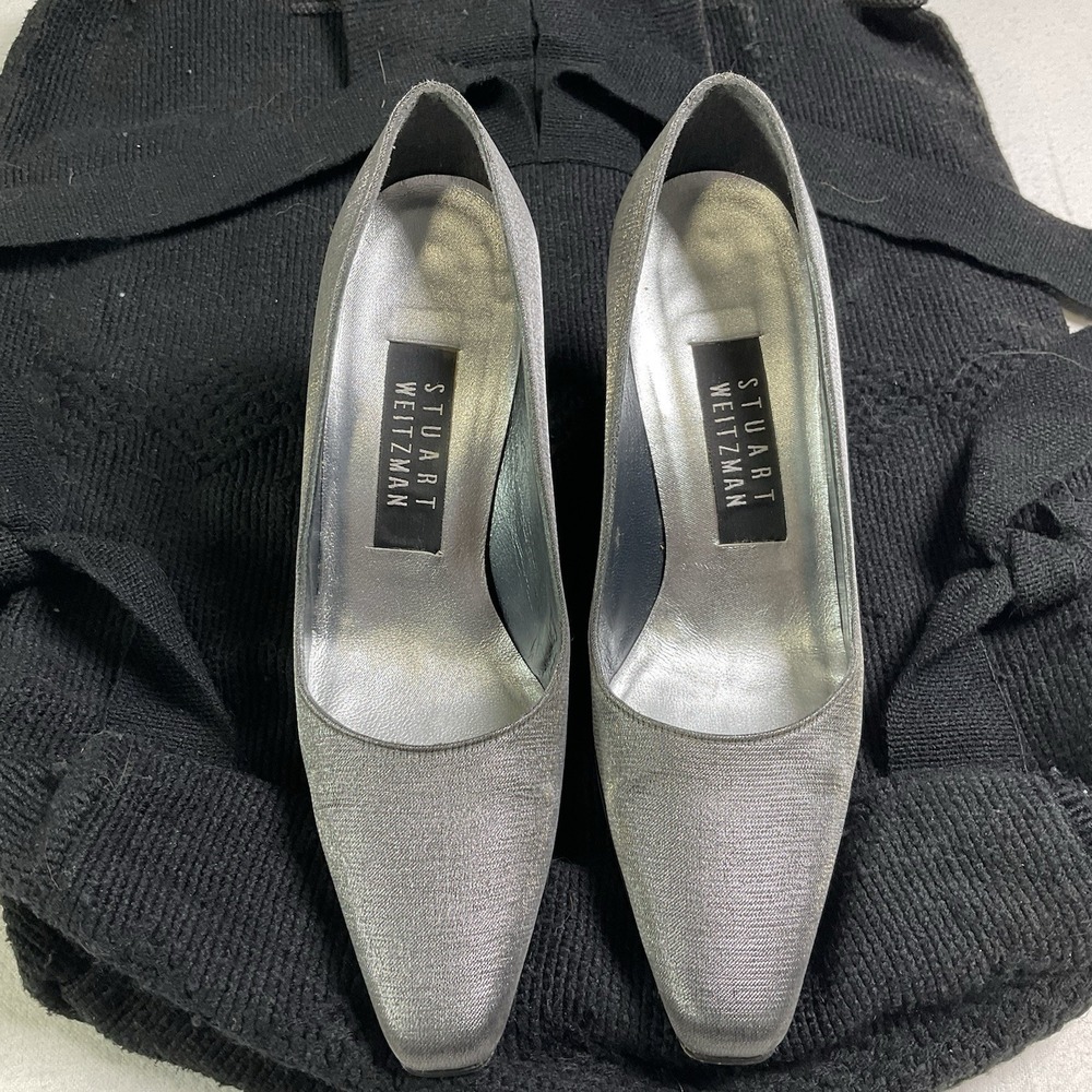 Stuart Weitzman Pumps Womens 4B Silver Gray Shimmer Square Toe Timeless Classic